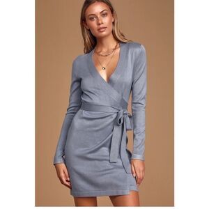 Lulu’s Slate Blue Literary Lover Long Sleeve Wrap Dress Size Medium NWT